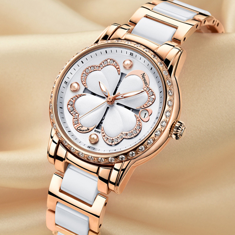 正品尼尚(nesun)手表女士石英表 女时尚潮流防水学生简约镶钻四叶草