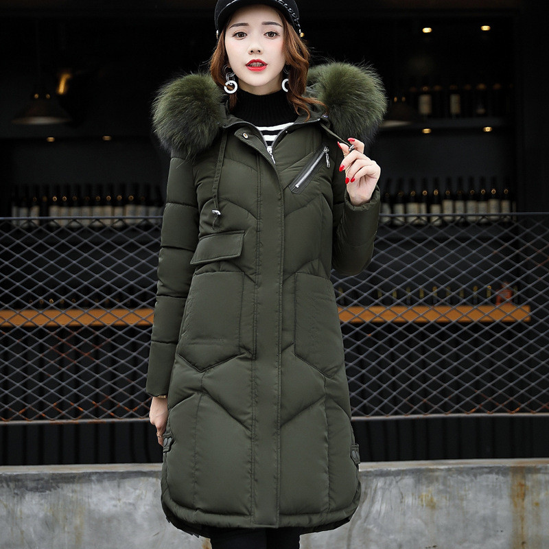 2017新款冬装加厚羽绒棉服女中长韩版大毛领过膝棉衣外套 M 军绿色