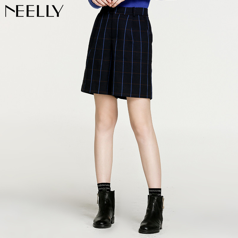 Neelly/纳俪2017冬装新款女格纹短裤靴裤_1 M 藏青