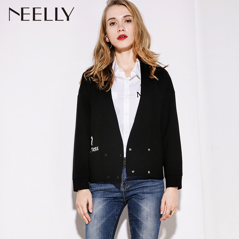 Neelly纳俪2017秋季新款女短款时尚宽松显瘦纯色加厚卫衣开衫外套 L 黑色