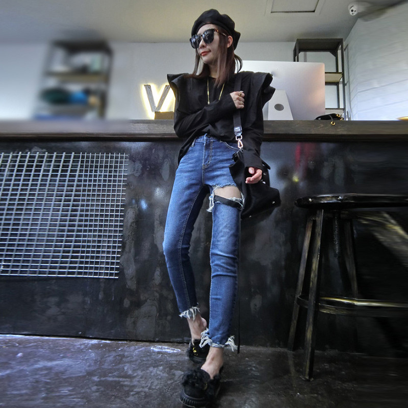 赛美意织带破洞毛边牛仔裤女 欧洲站2017秋冬季新品欧美弹力修身休闲小脚牛仔裤女S172h2837p2170 S 蓝色