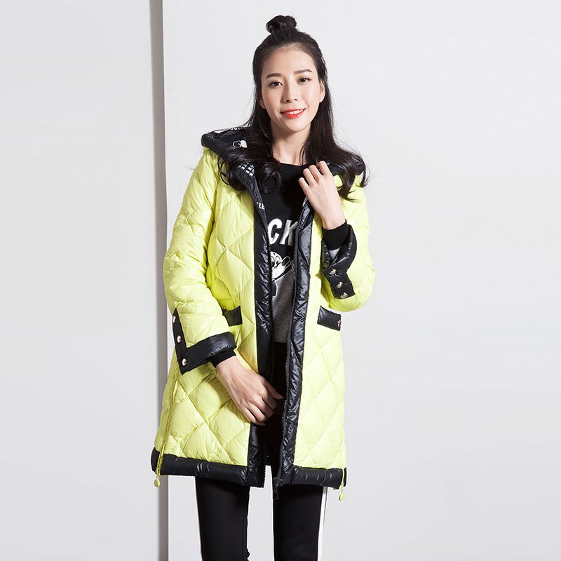 女装冬装韩版时尚撞色拼接拉链装饰中长款羽绒服外套 M 黄色