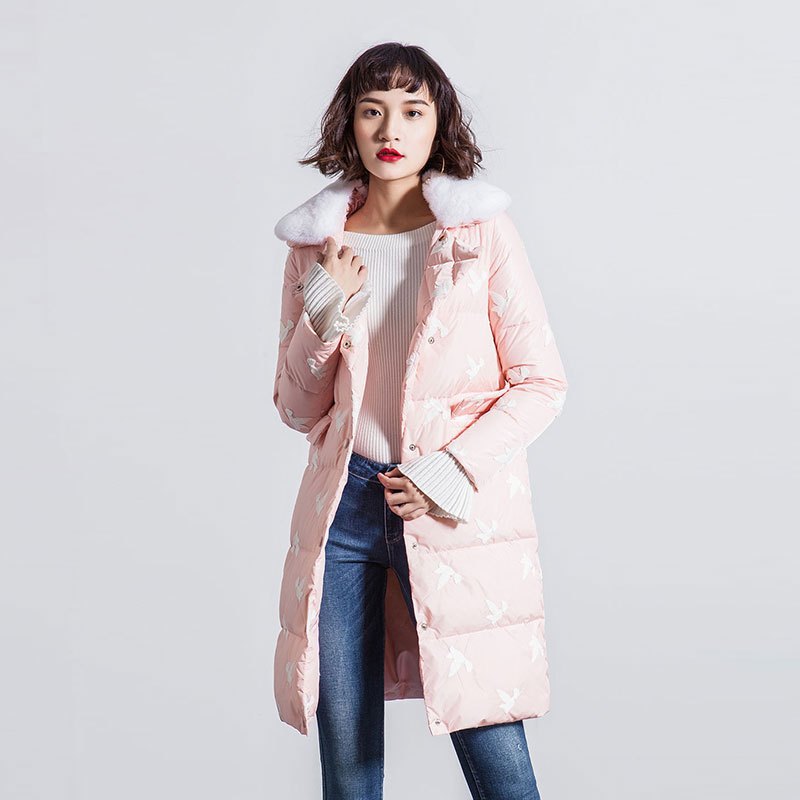 女装冬季时尚毛领翻领外套小鸟图案绣花羽绒服 XS 浅粉色