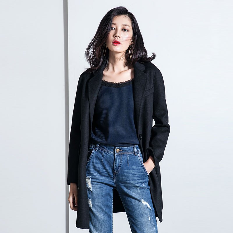 女装冬季韩版时尚纯色简约翻领双面毛呢大衣百搭一粒扣宽松外套 L 黑色