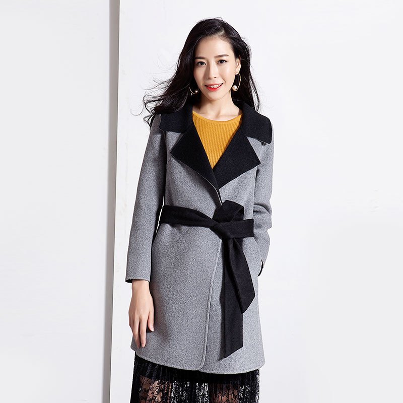 女装冬季韩版时尚翻领系腰带中长款双面呢大衣气质宽松外套上衣 L 灰色