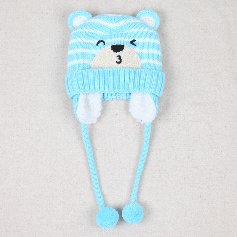 MilkyFriends韩版冬季可爱熊护耳儿童加绒毛线帽男女儿童帽宝宝帽子 均码（48-50CM） 天蓝色