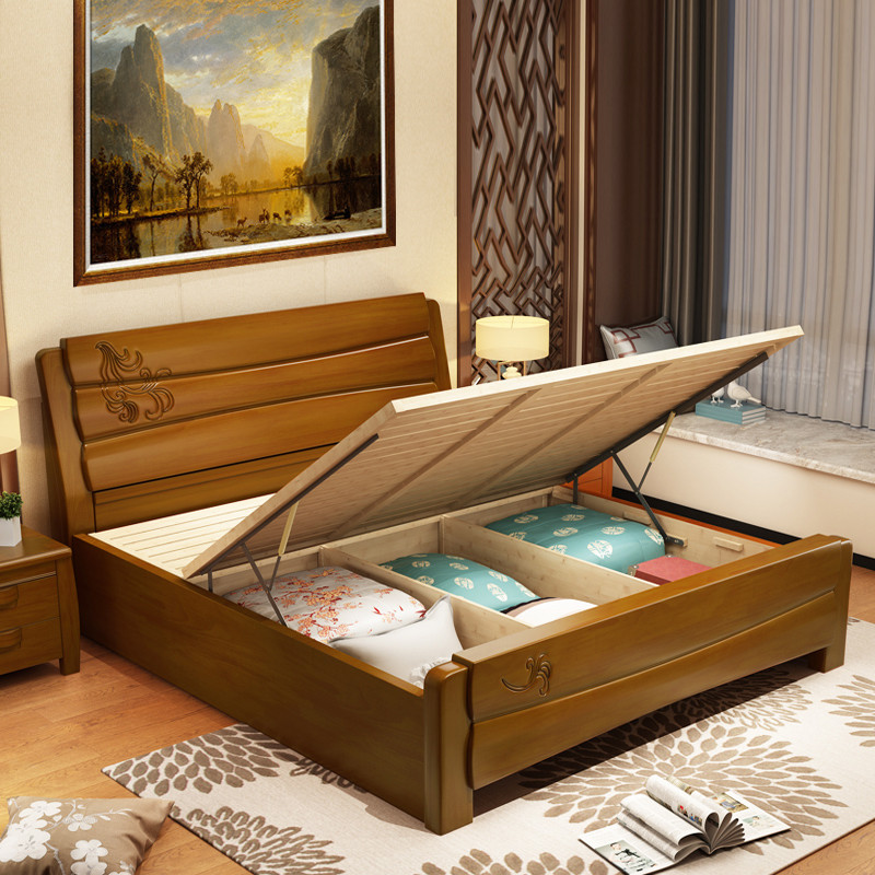 艾帛利(AIBOULLY) 床 实木床1.8米双人床 简约现代1.5米橡胶木床 木质单人床1.2米实木床家具 1.5*2.0m高箱床+床头柜*1