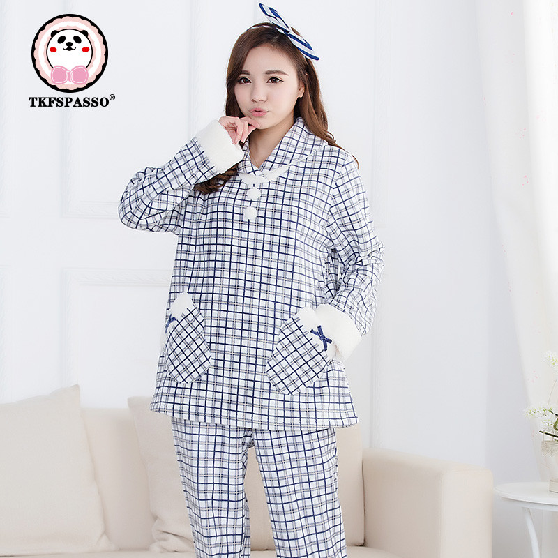 TKFSPASSO/斯帕颂摇粒绒格子印花翻领套头家居服套装可爱简约秋冬 M-L 深蓝色