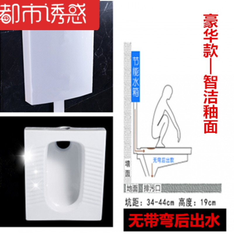 蹲便器陶瓷冲水箱卫生间立式冲力卫生间家用便携排水便池冲力藏式 智洁釉面无弯后排出水+水箱
