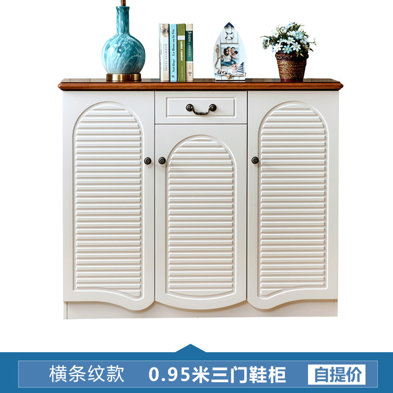 地中海鞋柜美式乡村田园门厅柜玄关柜储物柜欧式间厅柜隔断柜白色 三门横条纹0.95米（自提价）