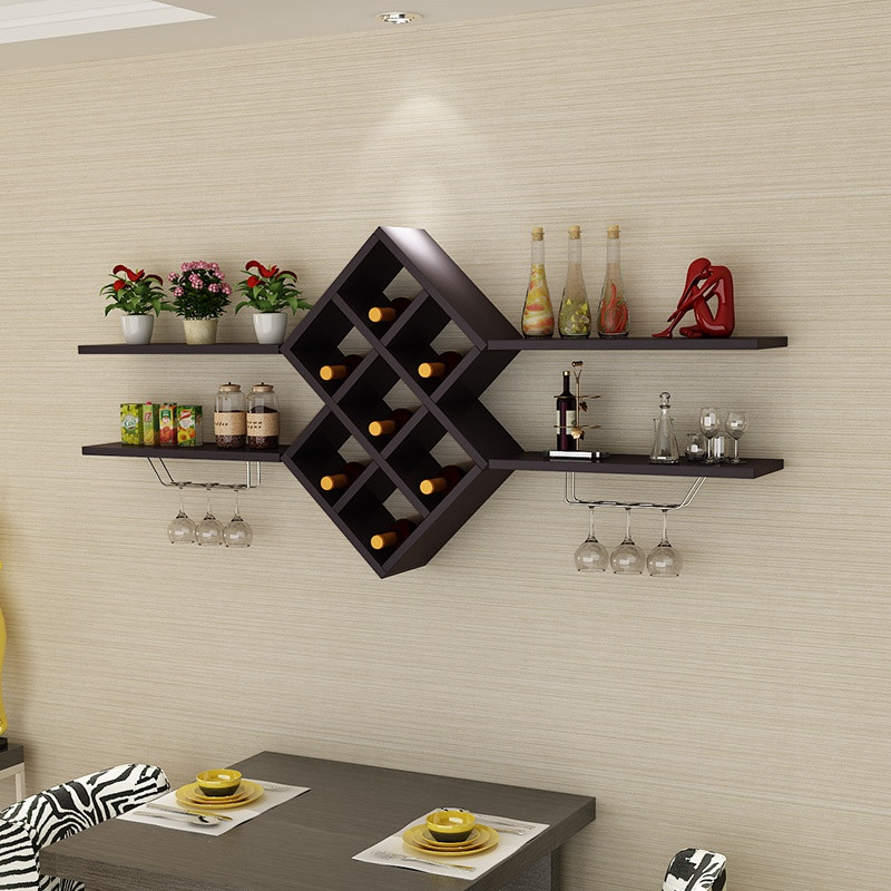 简约现代红酒架壁挂式酒杯架创意餐厅菱形酒柜墙上置物酒格装饰架 长1.2米黑胡桃