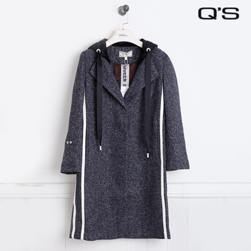 Q&rsquo;S/秸熙女装2017冬装新品撞色连帽织带拼接中长款大衣JXE1Z9 S 藏蓝