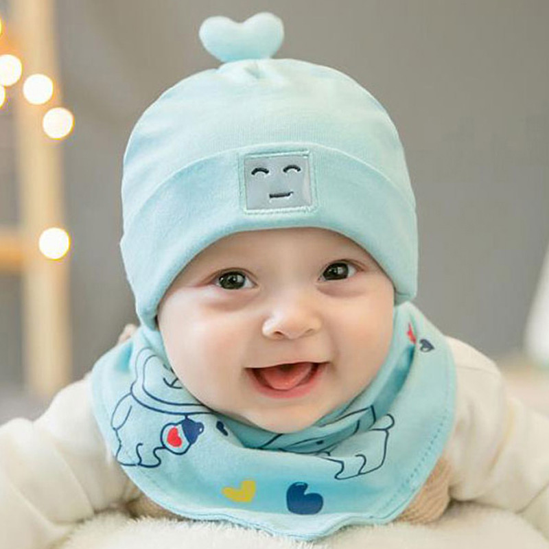 贝迪牛+新生儿春季宝宝套头帽婴儿帽子童帽三角巾套装 均码（0-12个月） 蓝色机器人2件套
