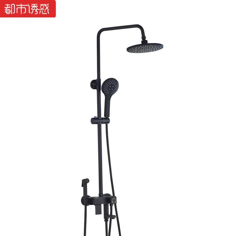 冷热增压欧式淋雨花洒套装三档欧式金色方形压花开关黑色水龙头增压淋浴屏钢花支架五档 黑色