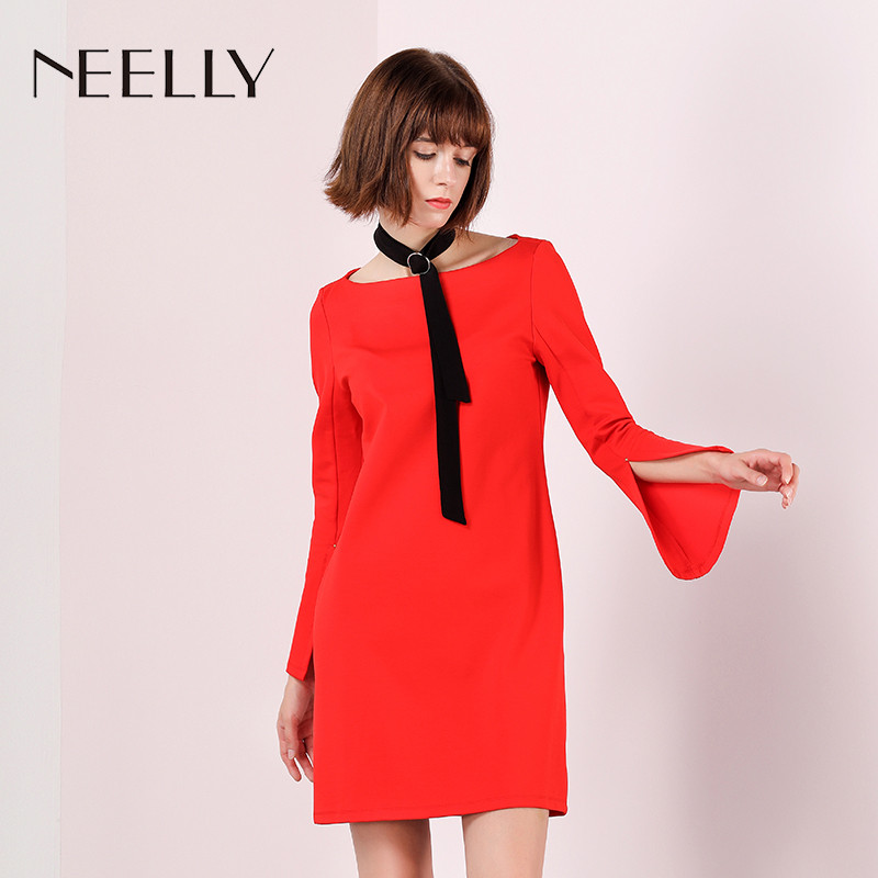Neelly/纳俪2018春季新款纯色中长款喇叭袖显瘦连衣裙 XL 正红色