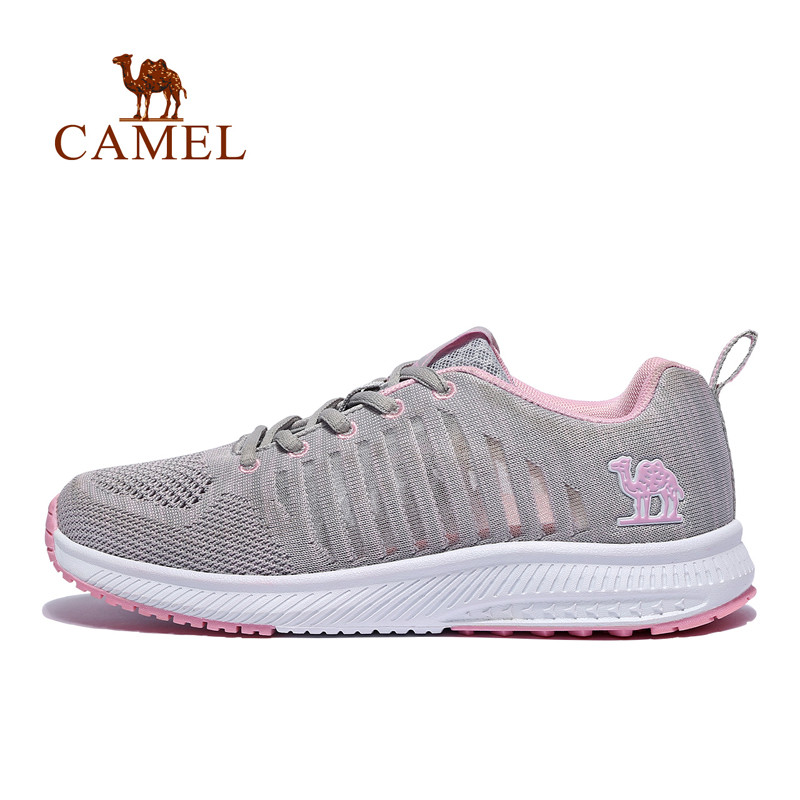 CAMEL骆驼春新款运动鞋男女 飞织网鞋轻便跑步运动鞋跑鞋 A813036111，浅灰/粉红，女款 36码