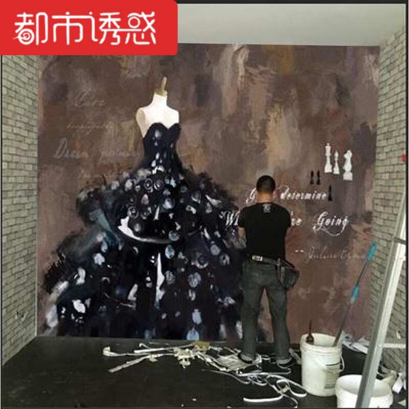 手绘抽象艺术复古墙纸女装服装店个性无缝壁画墙布婚纱背景墙壁纸整张-凹凸5D壁画墙纸+胶水 图3