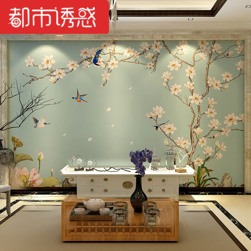 电视背景墙壁纸手绘花鸟3d新中式墙纸影视墙壁画无缝墙布现代简约 无缝进口亮面蚕丝布(整张)