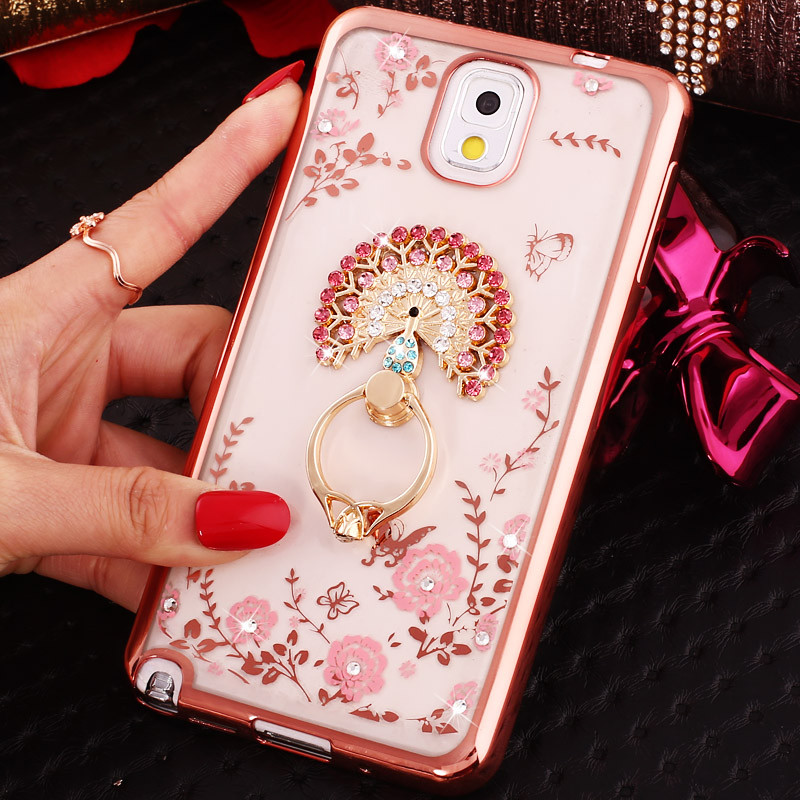 三星note3指环壳印花n9009保护套n9002潮女n9008v软壳n9005手机壳 粉开屏孔雀-玫瑰金