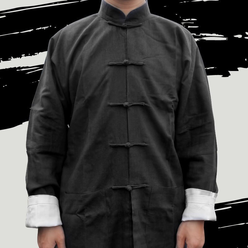李小龙唐装武术服太极服棉麻练功服纯棉唐装练功服叶问咏春拳服装_2 XL 黑色2件套（上衣+裤子）