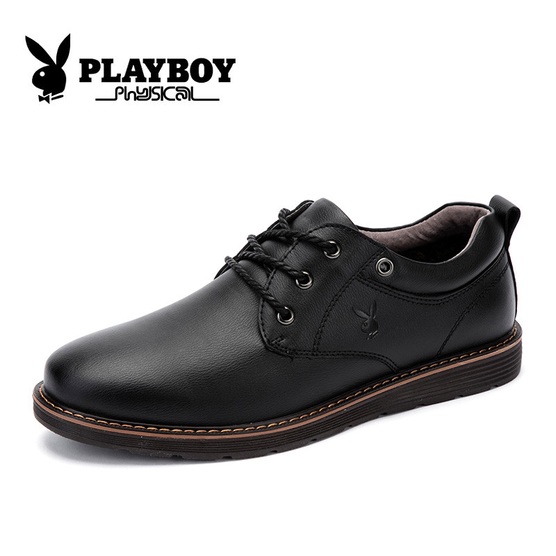 花花公子(PLAYBOY)男鞋秋冬季男士休闲鞋真皮休闲皮鞋加绒保暖棉鞋 X39115 黑色 42码