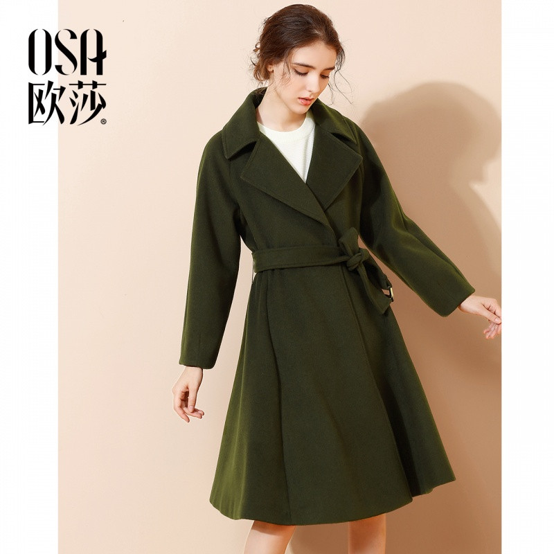 OSA欧莎2017秋装新款女装气质时尚收腰毛呢外套D21025_1 L 橄榄绿色