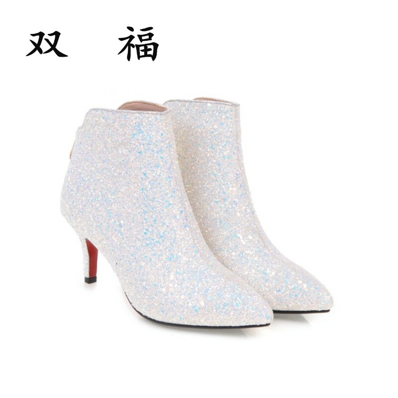 韩版公主白色尖头短靴秋冬伴娘鞋婚纱鞋细跟中跟及踝靴礼服单靴子 白色(5cm跟) 39