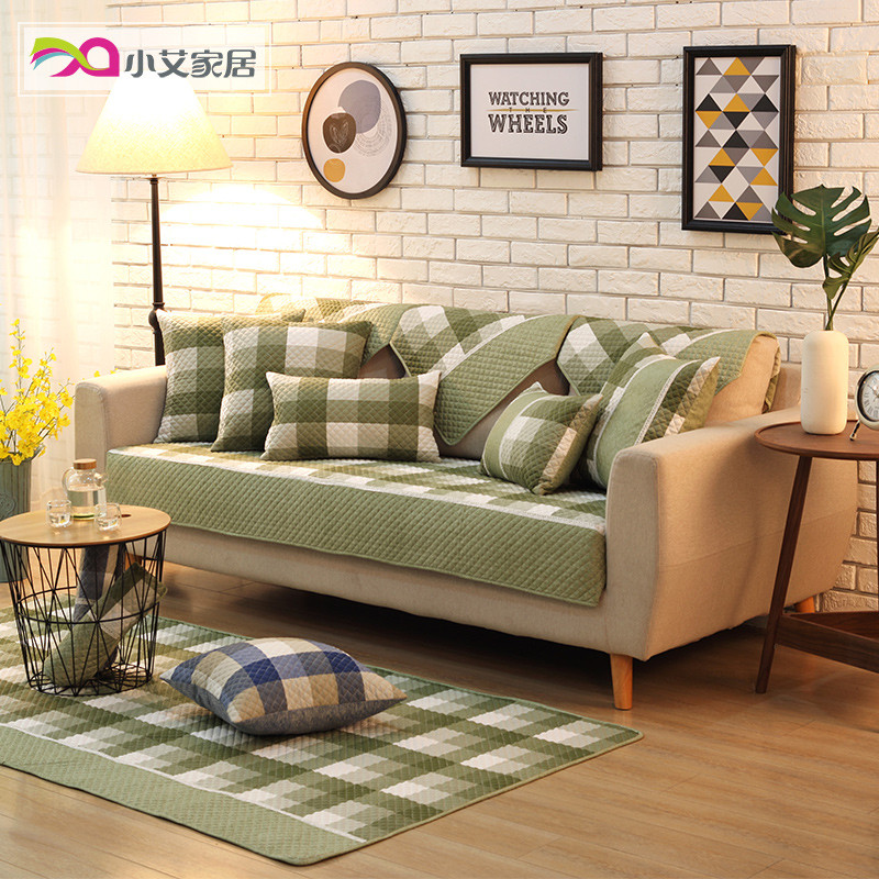 全棉布艺防滑沙发垫简约现代坐垫四季通用绿色格子靠背沙发巾套罩 90*160cm 简格-绿色