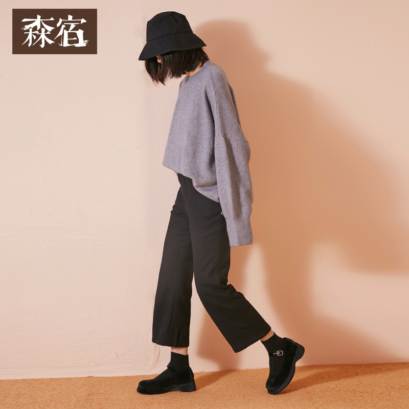 百搭口袋长裤春装文艺纯色直筒薄呢休闲裤女裤子-748028 S 爵士黑