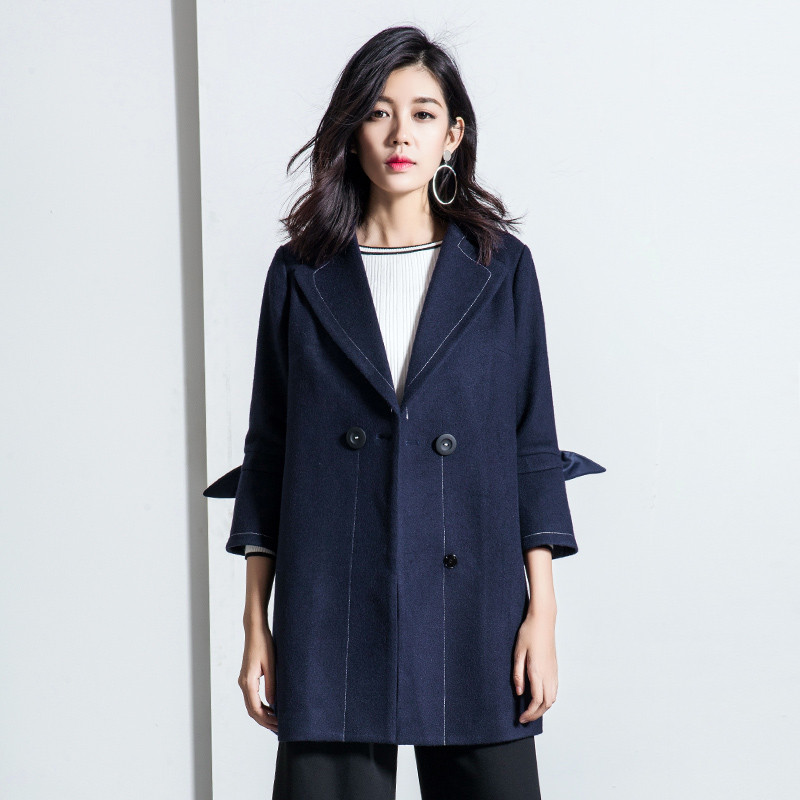 女装冬季时尚翻领线迹装饰外套喇叭袖中长款大衣 S 藏蓝色