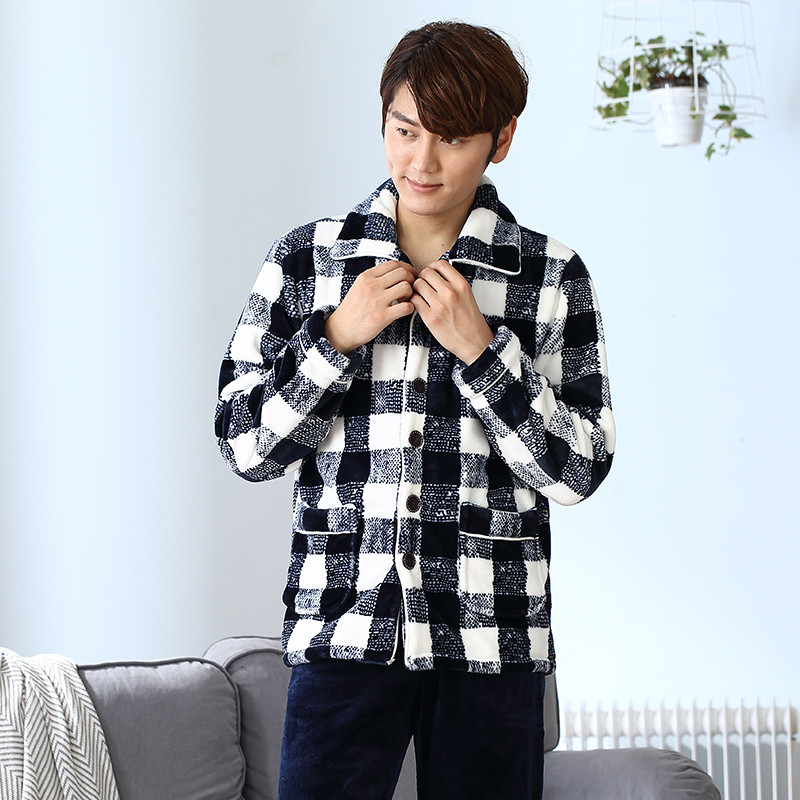 蓝旗男士翻领珊瑚绒法兰绒睡衣男款家居服套装WY-1204 XXL 藏青白格