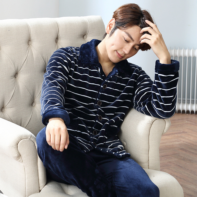 蓝旗男士翻领珊瑚绒法兰绒睡衣男款家居服套装WY-1217 XXL 藏青