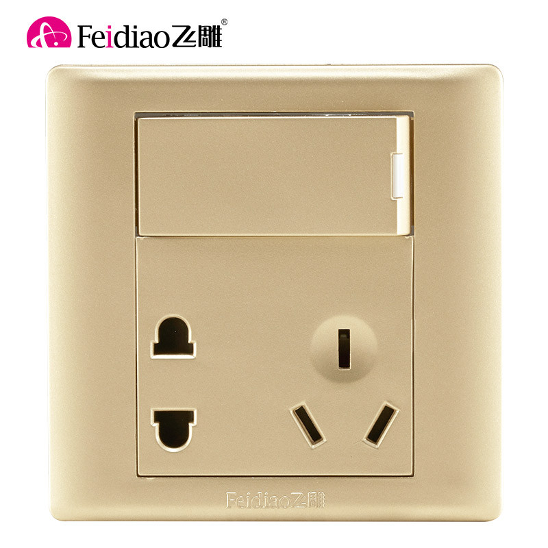 飞雕（FEIDIAO）开关插座面板家用墙壁套餐二三5五孔10A电源插座A3香槟金86型一开单控开关 A3-86香槟金套装 一开双带五孔