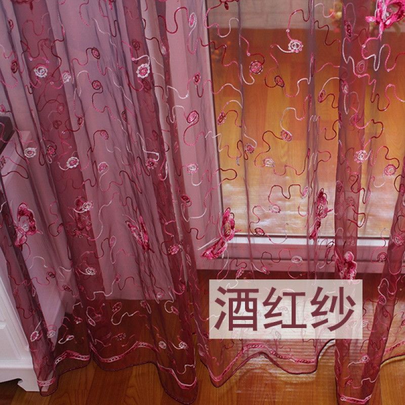 欧韩式成品定制卧室客厅落地蝴蝶绣花窗纱短帘头紫色窗帘_4_3 4.0宽X2.7米宽挂钩一片 酒红纱