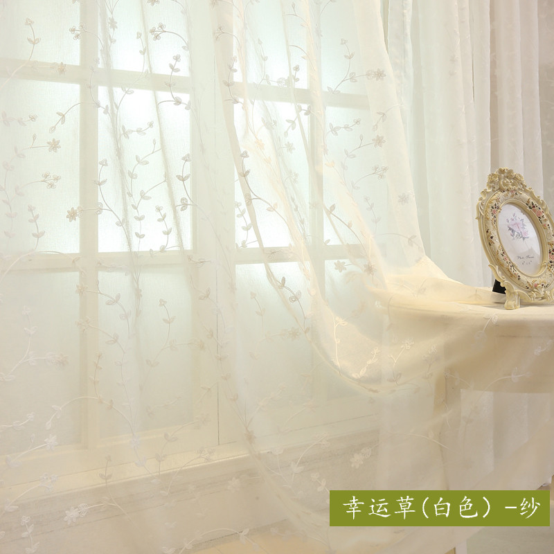 窗帘窗纱客厅卧室亚麻蓝色绣花中式隔断刺绣阳台落地薄纱白纱纱帘_7 【打孔加工】送罗马圈 幸运草（米白）-纱
