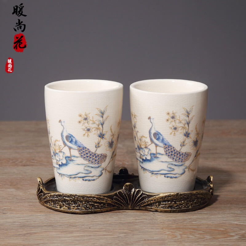 洋子（YangZi）欧式创意陶瓷漱口杯简约分离式洗漱水杯牙刷杯子情侣套装卫浴用品_1 情侣对杯蓝孔雀