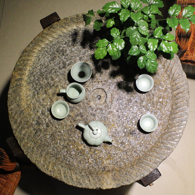 洋子（YangZi）老旧石磨茶盘复古青石雕茶台圆形木架大理石茶桌石头桌子室内摆件_1 茶盘中间排水