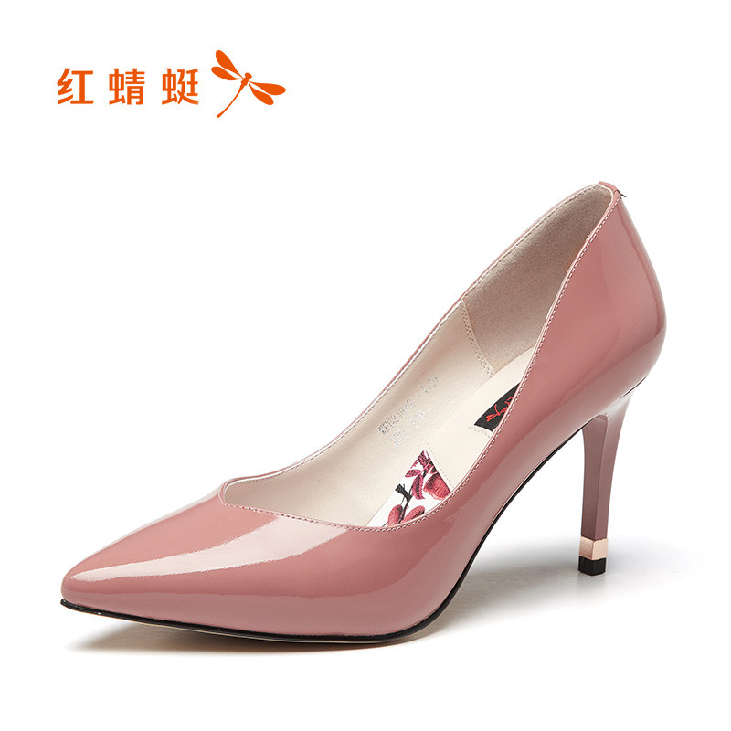 红蜻蜓高跟鞋欧美2018春季新款尖头浅口细跟高跟鞋女性感漆皮夜店女鞋百搭OL职业工作单鞋