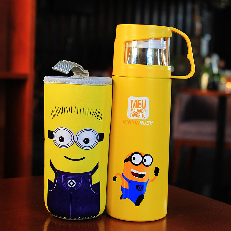 洋子（YangZi）可爱保温杯不锈钢便携真空男女士学生儿童卡通水壶创意带盖茶水杯 黄人小号350ML赠杯套+杯刷