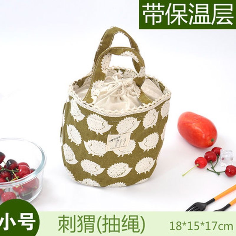 饭盒袋手提袋便当袋小带饭包保温袋圆形大号手提饭盒包便当包防水多色多款多功能生活日用收纳用品 小号-刺猬