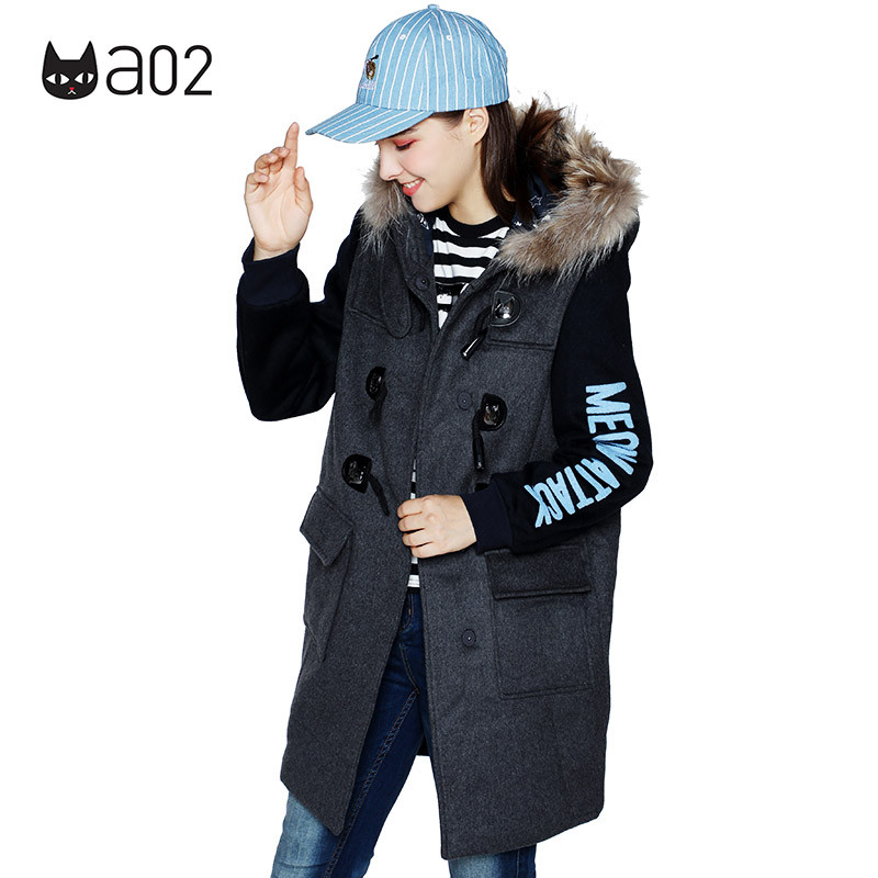 a02商场同款拼色风猫咪牛角扣中长款连帽毛呢外套_1 M 炭灰色-806