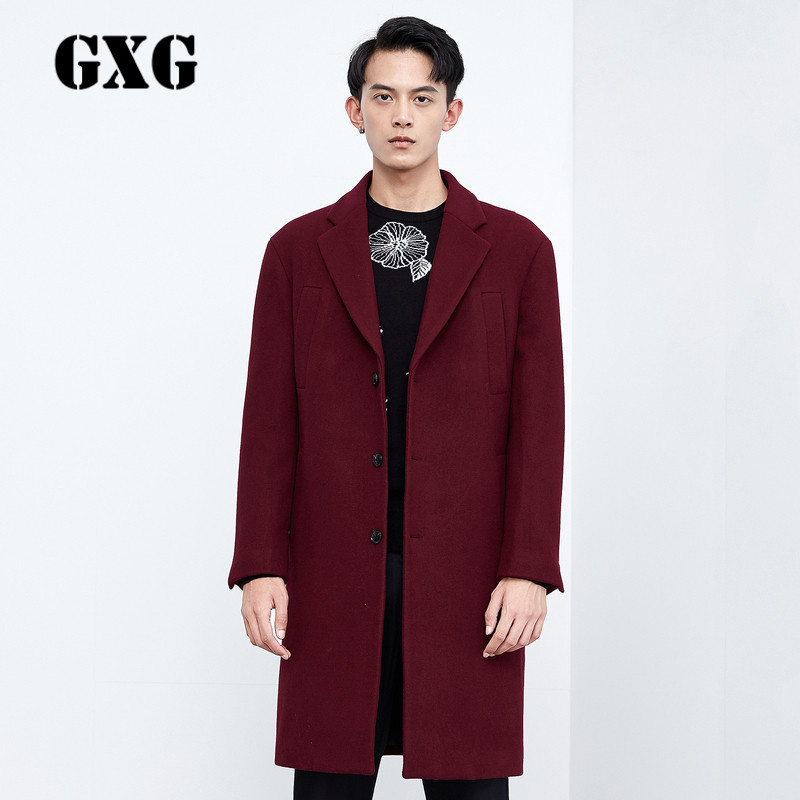 GXG男装冬季男士时尚休闲修身酒红色长款羊毛呢棉大衣#64826508 175/L 酒红色