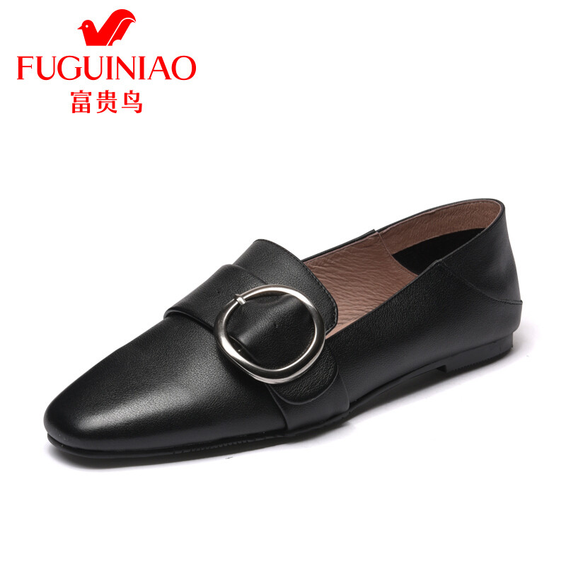 富贵鸟（FUGUINIAO）女鞋圆扣单鞋女平底鞋踩脚穆勒乐福鞋英伦 黑色 37