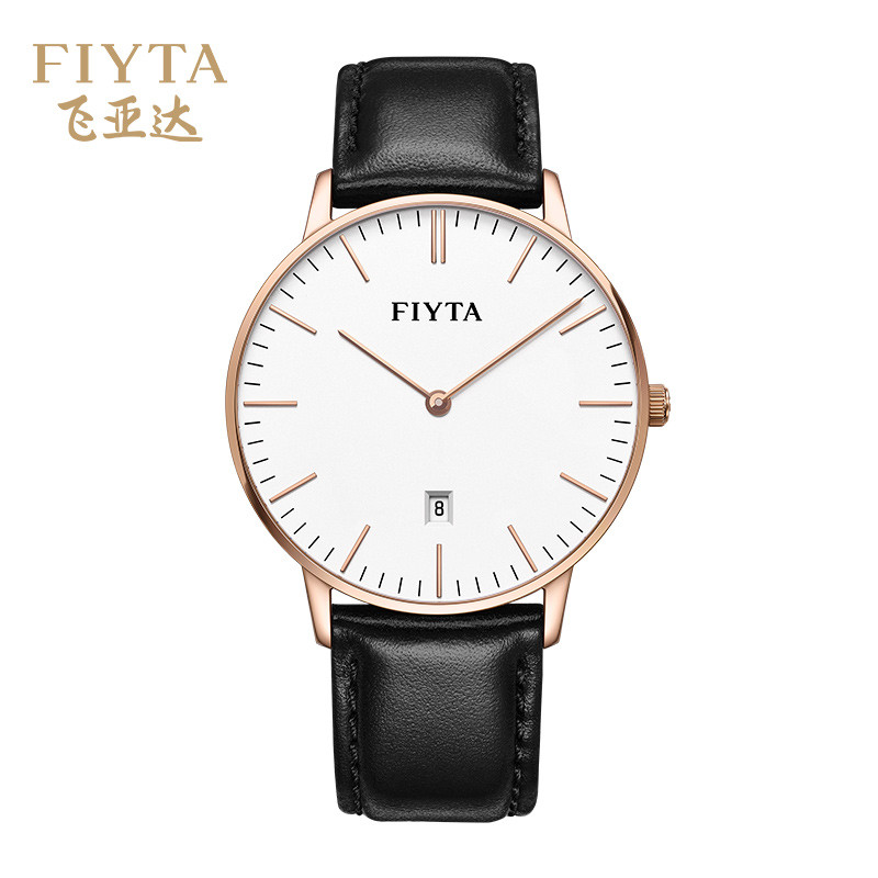 飞亚达(FIYTA)手表 时尚简约北欧风 皮带石英表情侣表 白盘黑色皮带男表DG850000.PWB
