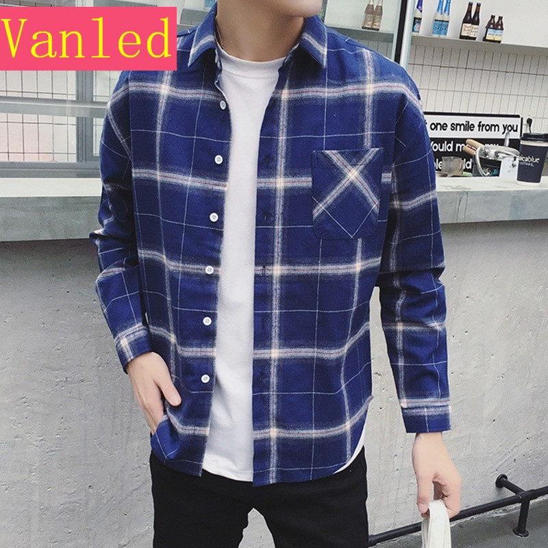港风格子衬衫男韩版潮流修身帅气个性长袖衬衣青年学院风寸衫外套_2 180 蓝色
