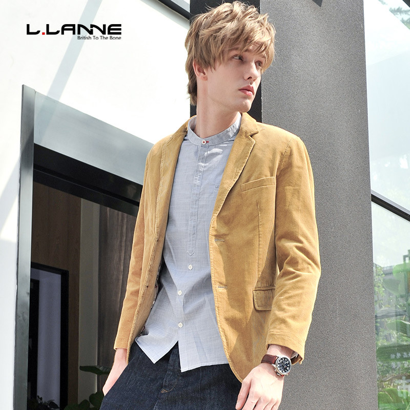 LLANNE休闲西装男修身青年外套春季西服男士英伦小西装灯芯绒上衣_BuW82 XL 黄色