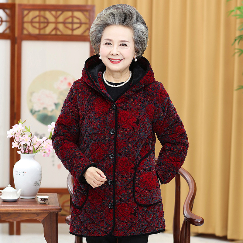 18款式妈妈冬装棉衣服老年人女装70岁大码加厚加绒棉袄60奶奶外套加肥80_1 2XL【建议115-125斤】 牡丹花大红色