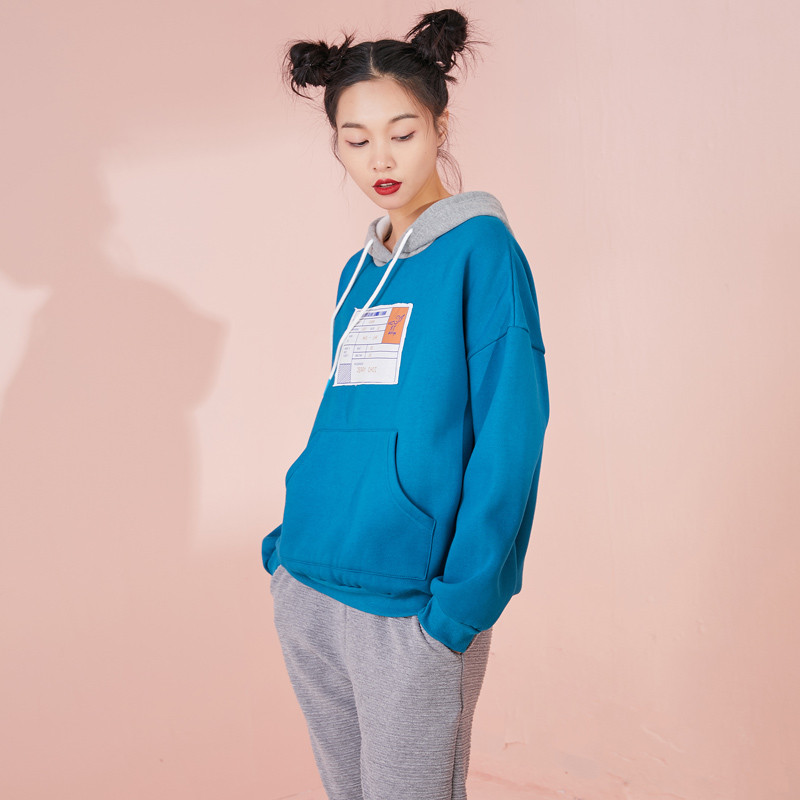 印花上衣春装撞色休闲连帽休闲宽松套头绒感卫衣女-734120 S 复古蓝