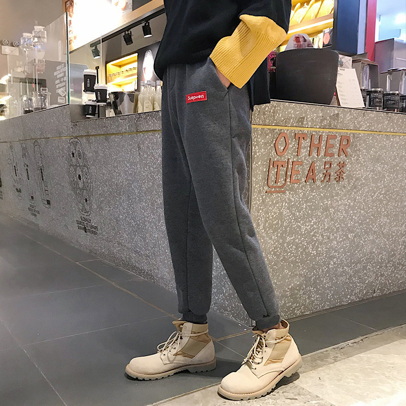 18款式港风秋冬新款休闲裤男撞色条纹拼接加绒加厚小脚裤宽松九分哈伦裤 码数偏小半个码，拍之前咨询客服 E款灰色男女可以穿的1055