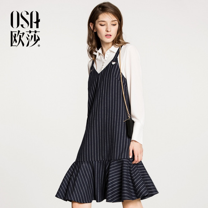 OSA欧莎2017冬装新款女装条纹连衣裙A13003 XL 深蓝色